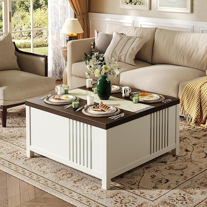 Farmhouse Lift Top Coffee Table with Storage, 35" Square Large Coffee Table with Hidden Compartment, Rustic Wood Center Table for Living Room, White