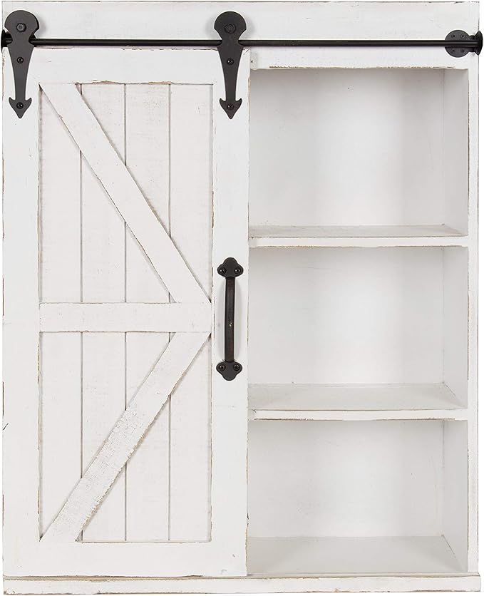Kate and Laurel Cates Modern Farmhouse Decorative Wood Wall Storage Shelving Cabinet with Sliding Barn Door, Rustic White