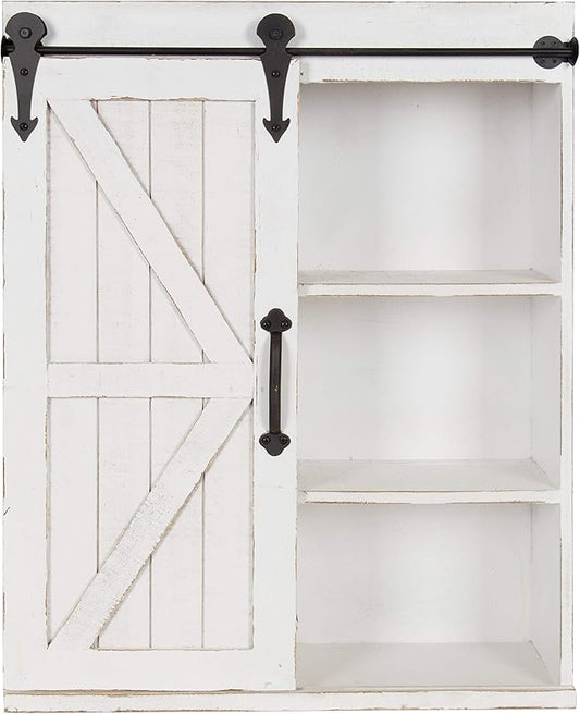 Kate and Laurel Cates Modern Farmhouse Decorative Wood Wall Storage Shelving Cabinet with Sliding Barn Door, Rustic White