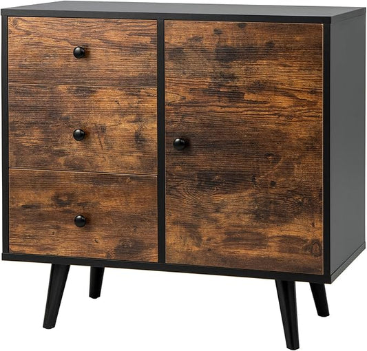 Tangkula Storage Cabinet with 3 Drawers and Door, Industrial Wood Accent Cabinet with Adjustable Shelf, Retro Farmhouse Sideboard Buffet for Kitchen Living Room (Industrial)