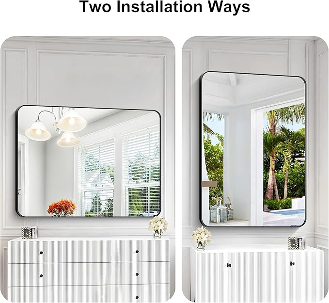 KOCUUY Black Mirror, 36x48 Inch Rectangle Bathroom Mirror with HD Tempered Glass, Anti-Rust Frame, Vanity Mirror with Rounded Corner for Bathroom, Living Room, Entryway, Hang Horizontal/Vertical