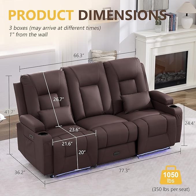 URRED Power Loveseat Recliner Sofa with Console, Wall Hugger Reclining Loveseat RV Couch with LED Light, 150° Zero Gravity Recliners Modular Couches for Living Room (Dark Brown, 77.3'' - 3 Seats)