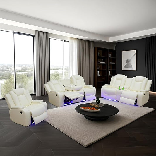 Power Leather Recliner Sofa Set with LED Light,Leather Couch Set for Reclining Sofa with Drop-Down Table/Loveseat with Storage Console/Single Chair 3 PCS Living Room Furniture(White,3+2+1)