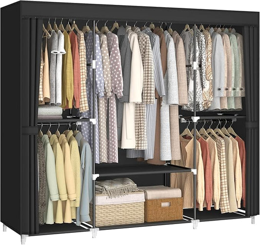 64.5" Closet Wardrobe, Portable Closet for Bedroom, Freestanding Clothes Rack with Non-Woven Fabric Cover, 5 Hanging Rods, 6 Storage Shelves, Clothes Storage Organizer, Black