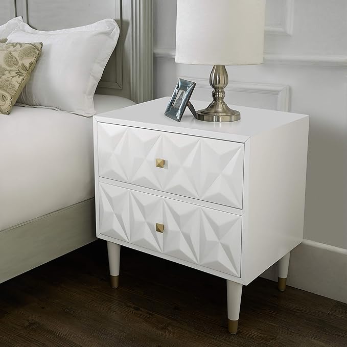 Linon Home Décor Sheerah Two Drawer Geo Texture White Nightstand, Gold
