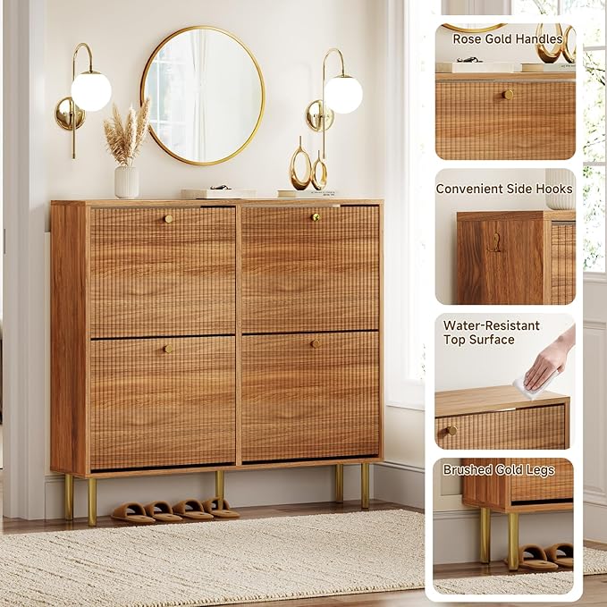 Nicetree Shoe Storage Cabinet for Entryway - 4 Flip Drawers Shoe Cabinet with Tiered Fluted Design - Slim Shoe Storage Rack with Gold Legs - Narrow Shoe Cabinet Hidden Shoe Organizer for Small Spaces