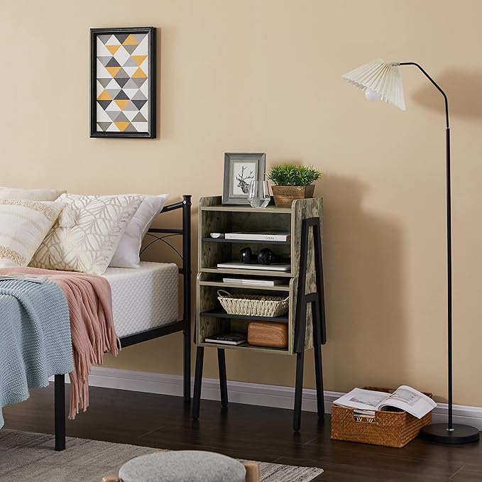 VECELO Night Stand Set of 2,Industrial Side End Table/Stackable Accent Furniture with 2-Tier Open Storage Compartments for Bedroom, Living Room and Small Spaces