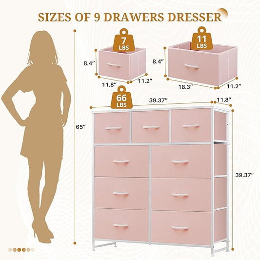 Dresser with 9 Drawers for Bedroom, Fabric Clothes Cabinet for Closet, Anti-Tip Storage Dresser with Metal Frame for Living Room, Entryway, Dorm, Pink