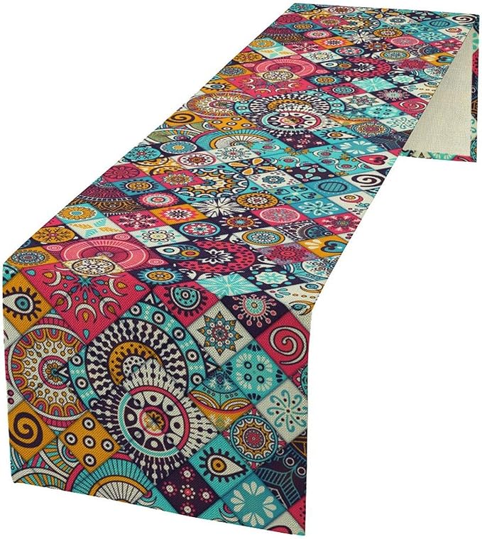 Boho Bohemian Table Runner Colorful Abstract Mid Century Geometric Table Ruuner Decoration for Kitchen Dining Room 13x70in