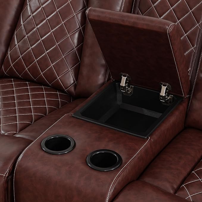 Power Recliner Sofa Sets for Living Room, Leather Recliner Sofa Set with LED Light, Console Storage, Cup Holder for Home Theater Seating(Sofa and Loveseat,Red)