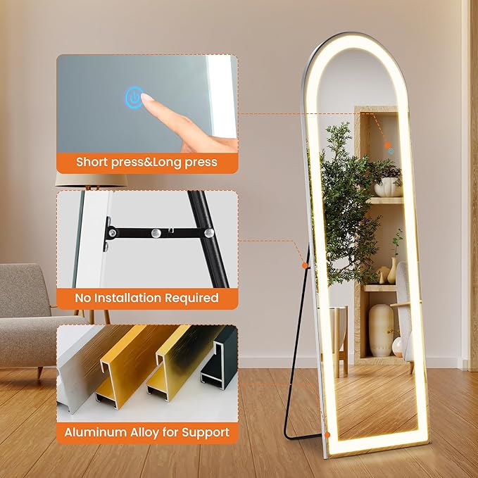 Alpen Arched Full Length Mirror, 61" x 16" Floor Mirror with Stand, Body Floor Mirrors with Dimming & 3 Color Lighting, LED Mirrors for Bedroom, Dressing Room, Cloakroom
