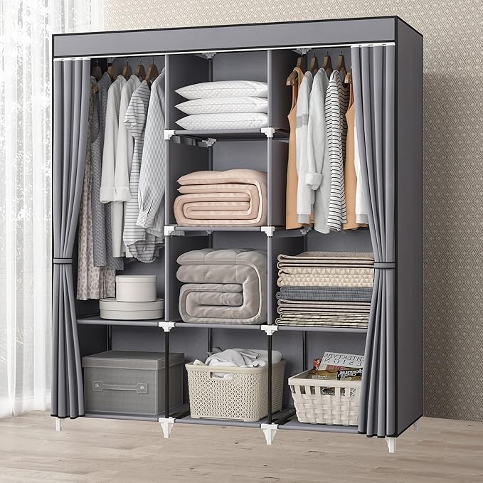 51 Inch Grey Portable Closet Bundle with 51 Inch Black Portable Wardrobe with 4 Hanging Rods, 16 Storage Organizer Shelves, Durable and Easy to Assemble