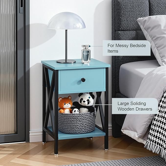 VECELO Nightstands, Modern Bedside End Tables Set of 2, Night Stand with Drawer and Storage Shelf for Living Room Bedroom, Industrial Metal Frame