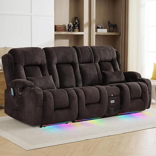 TUNYI Wall Hugger Loveseat Recliner Sofa with Console, Power Reclining Loveseat RV Couch with Massage & Heat/USB/Outlet/Storage/LED Light/Speaker (Brown, 4 Seat)