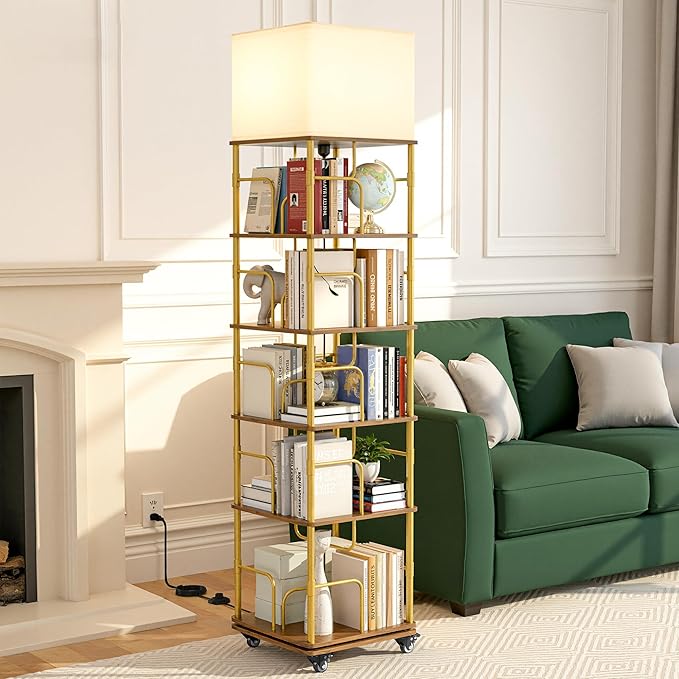 5 Tier Rotating Bookshelf with LED Light 360° Swivel Bookcase with Wheels Space-Saving Tall Corner Shelf Square Floor Standing Shelf Metal and Wood Bookshelves for Bedroom Living Room Office