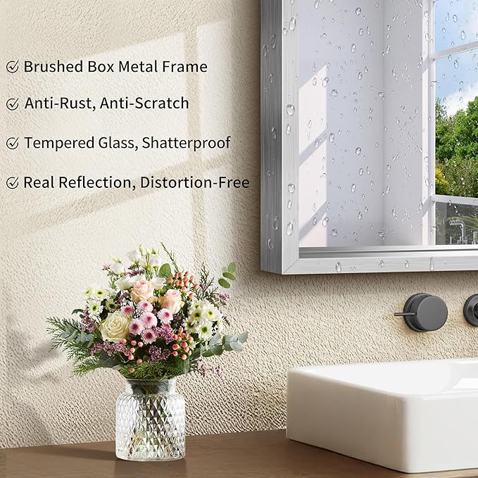 CIRCUMI 14"x16" Silver Mirror with Chunky Box Metal Frame, Brushed Finish Rectangular Wall Mirrors for Living Room, Entryway, Hallway, Tempered Glass Mirror as Decor, Installed Vertical or Horizontal