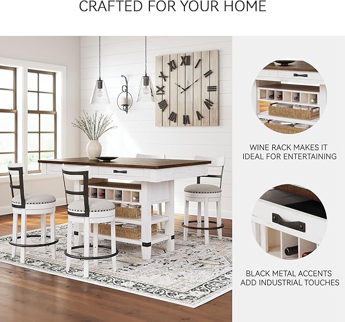 Signature Design by Ashley Valebeck Rectangular Dining Room Table, 4 Drawers, 2 Open Shelves, Wine Rack, Wood, 60" W x 40" D x 36.13" H, White & Brown