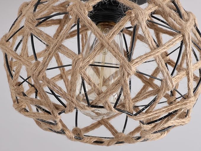 Coastal Woven Flush Mount Ceiling Light Fixture Small Boho Rustic Hemp Rope Cage Semi Flush Mount Ceiling Light for Kitchen Hallway Farmhouse Entryway Beach, Black