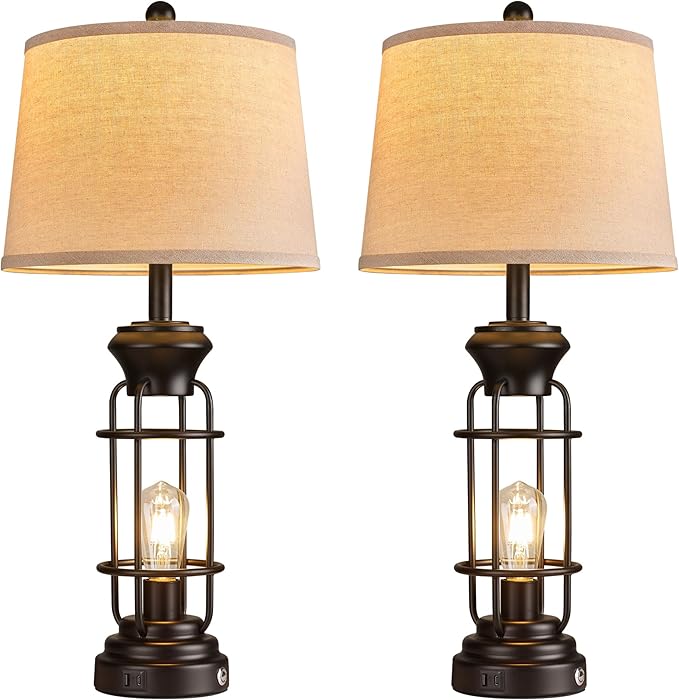 Table Lamp Set of 2 with USB Ports, 28" Tall Farmhouse Table Lamp with 2 Nightlight Bulbs,Touch Control Table Lamps for Bedroom, Rustic Bedside Lamp for End Tables,Bulbs Included,Black