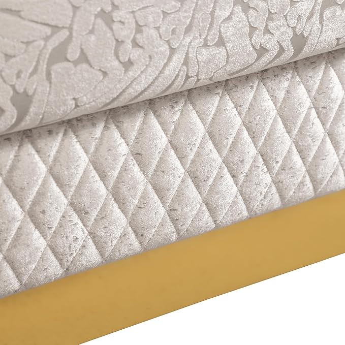 Furniture of America Samison II Glam Solid Wood Upholstered Couch with Accent Pillows, Damask Pattern and Gold Base, Comfortable Sofa for Living Room, Bedroom, Office, Beige