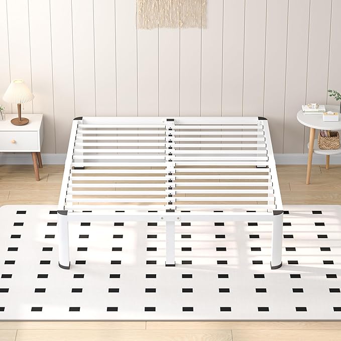 18 Inch White King Heavy Duty 3500 lbs Bed Frame with Round-Corner Legs & Anti-Squeak Design – Quick Assembly Metal Platform, No Box Spring Needed