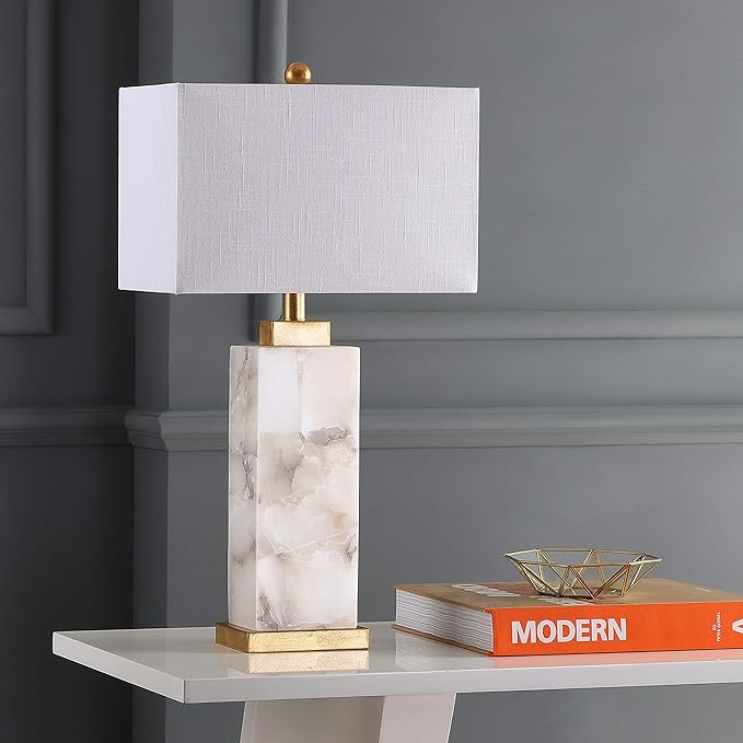 JONATHAN Y 27.5" White/Gold Modern Alabaster LED Table Lamp for Home Decor, White Linen Shade, Coastal Nightstand Lamp with Built-in Base Accent Light JYL6201A