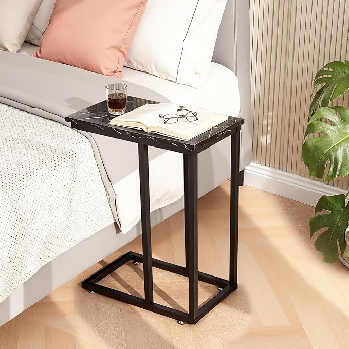 VECELO C Shaped End Side Table for Sofa Couch and Bed Snack TV Tray for Living Room Bedroom, 2 PCS, Black Marble