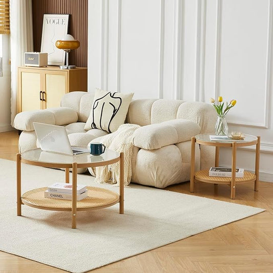 Boho Rattan Coffee Table Set of 2, Round Glass Living Room Table Set, Modern Simple 2 Tier Middle Center Table for Small Space Living Room Bedroom Office Meeting Room