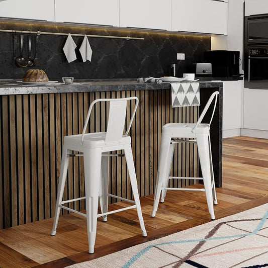 SIMPLIHOME Rayne Counter Stools (Set of 2) - 24 Inch Seat Height Metal Kitchen Seats in White, Industrial Seating for Dining Room or Kitchen with Curved Backrest and Footrest
