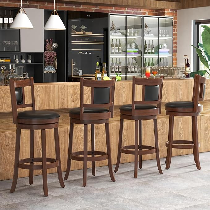 GOFLAME 30.5” Upholstered Bar Stools Set of 4, Swivel Bar Height Stools with Curved Backrest & Footrest, Solid Rubber Wood Barstools for Kitchen Island, Bar Counter, Cafe, Dining Room