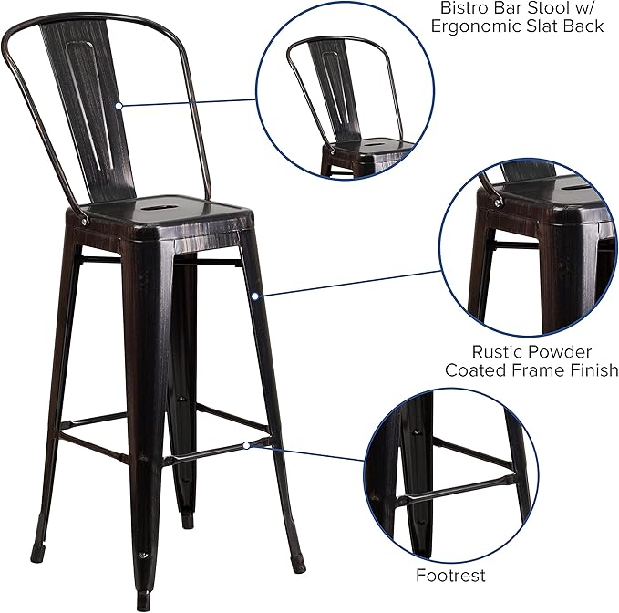 Flash Furniture Lily Commercial Grade 4 Pack 30" High Black-Antique Gold Metal Indoor-Outdoor Barstool with Removable Back