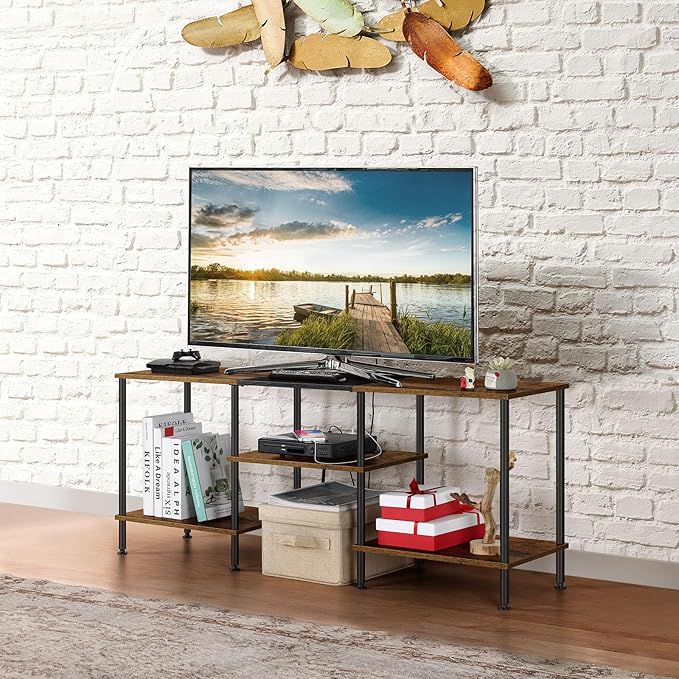 OYEAL Small TV Stand for Bedroom up to 50 inch Farmhouse TV Media Entertainment Center with Power Outlets & Storage Shelf Rustic TV Console Table for Living Room, Rustic Brown