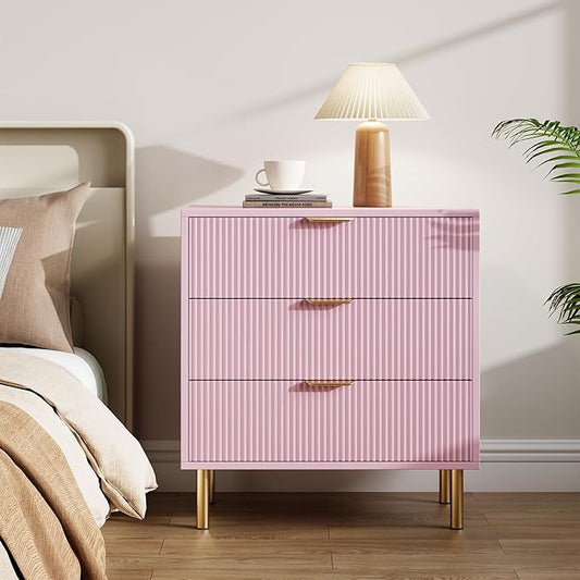 GarveeHome Pink Dresser, Modern 3 Drawer Dresser for Bedroom with Gold Handle and Large Drawer, Wood Double Chest of Drawers and Storage Organizer for Living Room, Hallway, Entryway