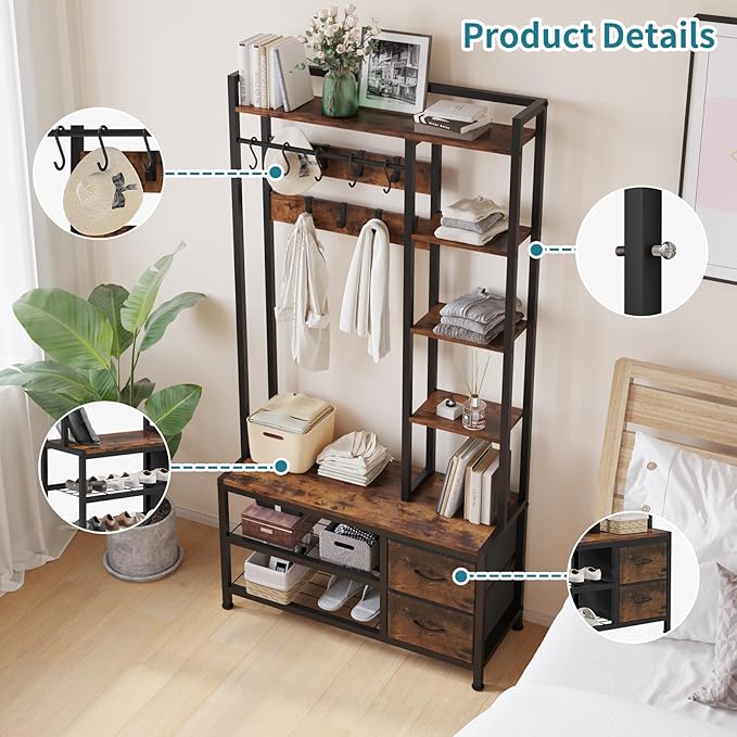 LUMTOK Hall Tree with Bench Storage and Shoes Storage, Hall Tree with Drawers and Shelves for Bedroom, 6-in-1 Entryway Organizer with Shelves, Living Room, Entryway, Closets (Rustic Brown)