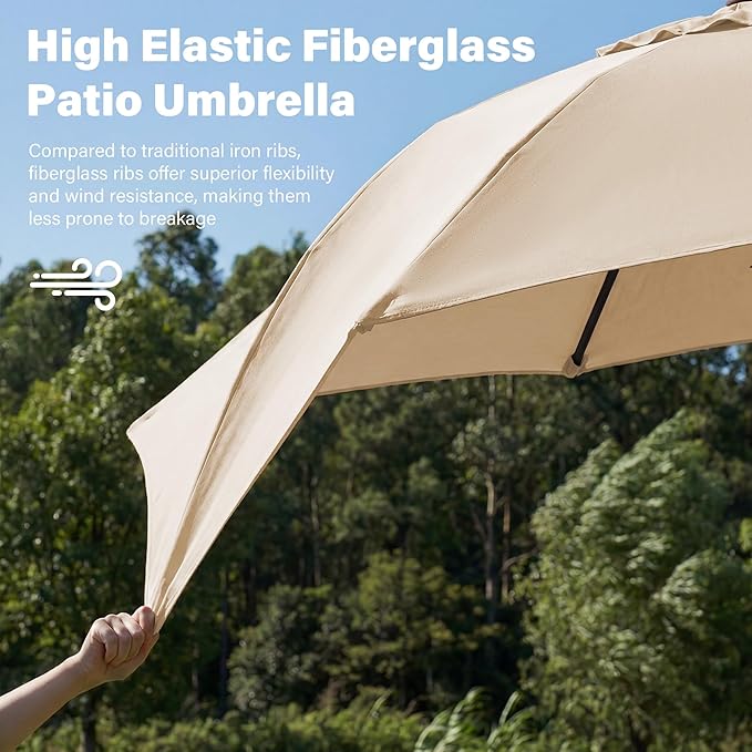 JEAREY 9FT Outdoor Patio Umbrella,Market Table Umbrella with 8 Fiberglass Ribs, Pool Umbrella with Tilt and Crank, UV Protection Lightweight & Wind-Resistant for Lawn, Garden, Deck and Backyard, Beige