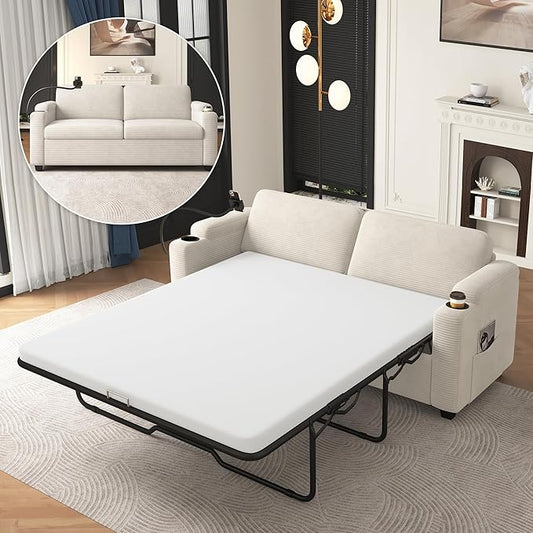 Merax Pull-Out Sleeper Sofa Bed with Full Size Mattress and Two Side Pockets, 3 in 1 Foton Couch with USB Ports | Phone & Cup Holders, Corduroy Loveseat for Living Room, Beige
