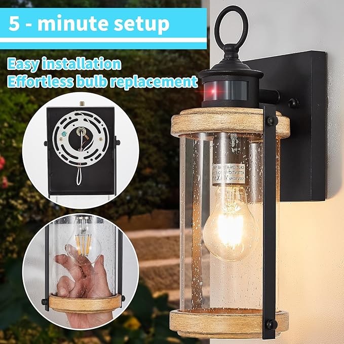 Motion Sensor Outdoor Wall Light Waterproof,Dusk to Dawn Outdoor Lighting,Outdoor Light for House with Seeded Glass,Matte Black & Wood Grain Finish,1 Pack