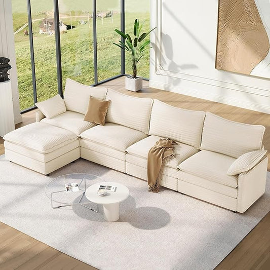 Vesgantti 142" Cloud Couch Sectional Modular Sofa, Comfy Sectional Couch with Ottoman Deep Seat Corduroy L Shaped Sofa, Modular Couches for Living Room, Bedroom and Apartment, Beige | Sink-in Comfort, Height Adjustable, Easy Rearrangement, Extra-deep O...