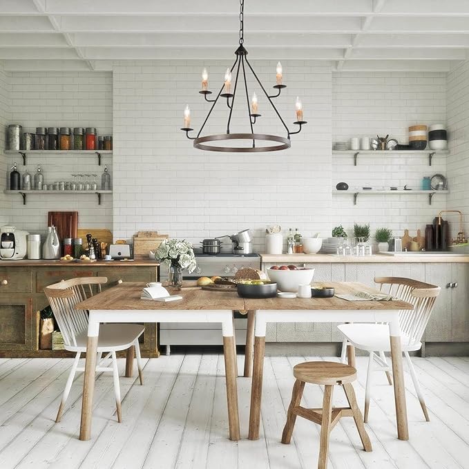 LALUZ Farmhouse Chandelier, Large 6-Light Wagon Wheel Chandeliers 2 Tier Round Pendant Light Fixtures for Dining & Living Room, Foyer and Bedroom