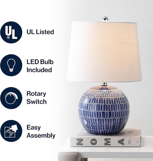 JONATHAN Y 21" Navy Ceramic Hand-Painted Scallop Sphere Table Lamp, Coastal Transitional Bedside Lamp with White Linen Drum Shade, LED Bulb Included JYL5044A