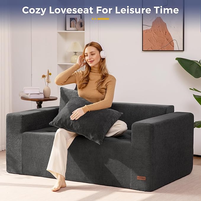 MAXYOYO Modular Sofa Couch, 61" Loveseat Boneless Cloud Couch with Deep Seat, Chenille Upholstered Living Room Sleeper Sofa Chair for Living Room, No Assembly Required, Dark Grey