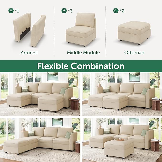 HONBAY Modular Sectional Sofa with Storage U Shaped Sectional Sofa, Convertible Couches for Living Room - Beige