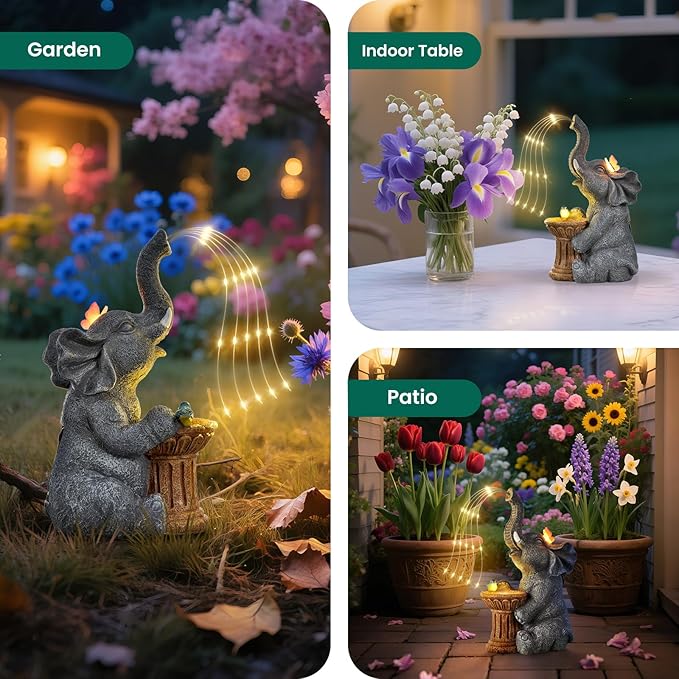 Elephant Statue Garden Decor- Outdoor Decoration with Solar Powered LED Lights, Valentine's Day for Women, Garden Gifts for Mom, Decorations for Courtyard, Patio, Lawn, Yard