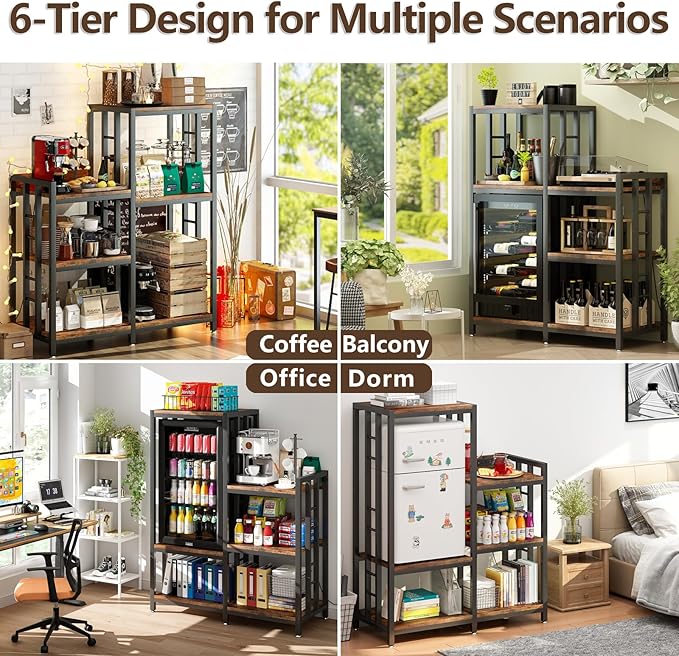 6-Tier Adjustable Mini Fridge Cabinet with Power Outlet,Kitchen Bakers Rack with Storage,Mini Fridge and Microwave Stand,Coffee Bar, Free Standing Shelf for Kitchen, Home Office,Rustic Brown