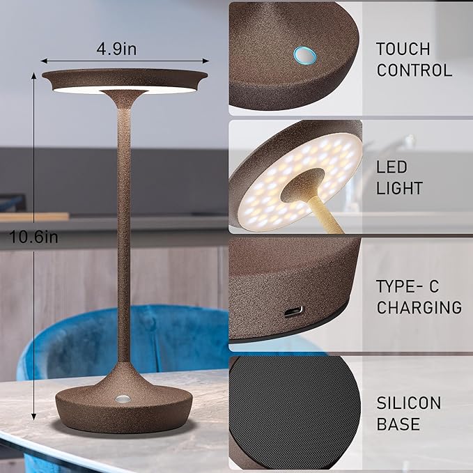 YHT Rechargeable Cordless Table Lamps, 6000mAh Battery Operated Portable LED Waterproof Lamps, 3 Color Stepless Dimming Light with Memory Function for Outdoor Dinning Patio Restaurant (Rust 2Pack)