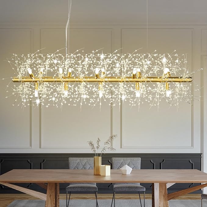 Depuley 47.2" Modern Gold Crystal Firework Chandelier, 15-Light Crystal Light Fixture Hanging, Linear Dandelion Chandelier, Sputnik Ceiling Pendant Light Fixtures for Dining Room(G9 Bulbs Included)
