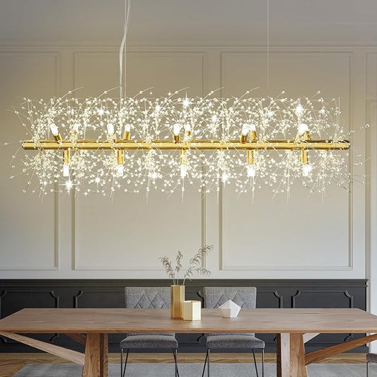 Depuley 47.2" Modern Gold Crystal Firework Chandelier, 15-Light Crystal Light Fixture Hanging, Linear Dandelion Chandelier, Sputnik Ceiling Pendant Light Fixtures for Dining Room(G9 Bulbs Included)