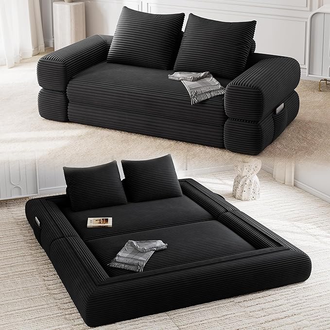 Jocoevol 4-in-1 Convertible Folding Sofa Bed, 68"L x 78"W Queen Size Foldable Sleeper Sofa Bed, Wide Corduroy Upholstery, Boneless Mattress Couch with Armrests & Neck Pillow for Living/Bedroom, Black