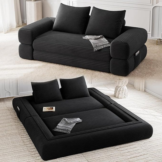 Jocoevol 4-in-1 Convertible Folding Sofa Bed, 68"L x 78"W Queen Size Foldable Sleeper Sofa Bed, Wide Corduroy Upholstery, Boneless Mattress Couch with Armrests & Neck Pillow for Living/Bedroom, Black
