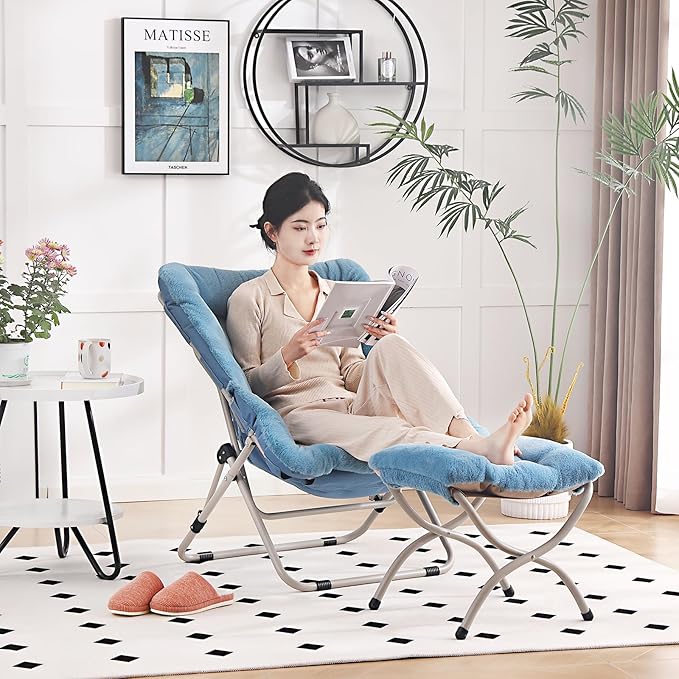 Saucer Chair with Ottoman, Comfy Oversized Folding Chair, Faux-Fur Reading Chair for Teens, Adults, Foldable Accent Lazy Chair, Metal Frame Chair for Living Room, Bedroom, Blue